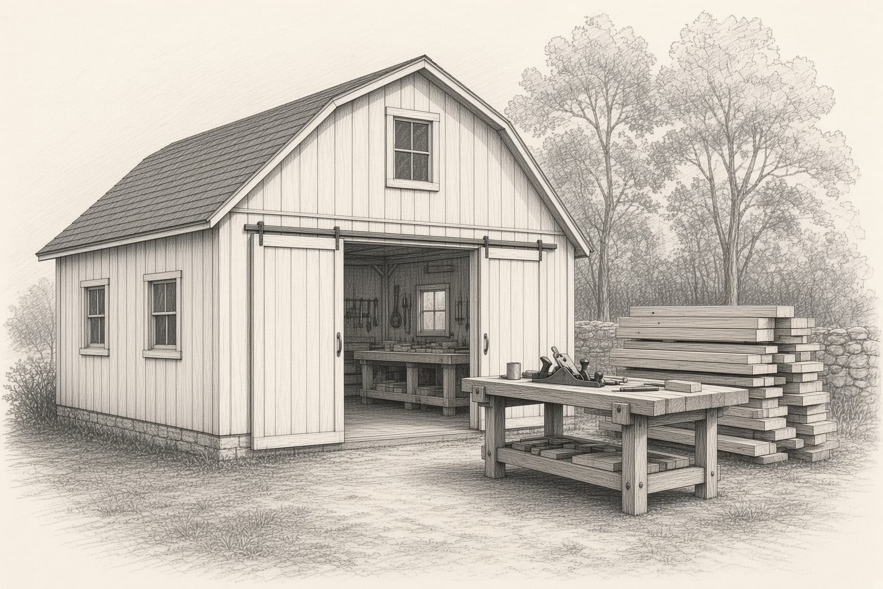 Sketch of a woodworking workshop where solid hardwood frames are built