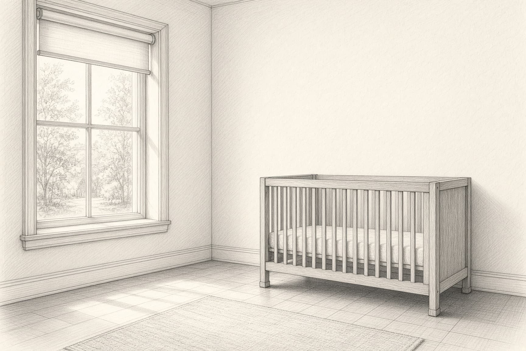 Sketch of a solid hardwood crib placed in a nursery