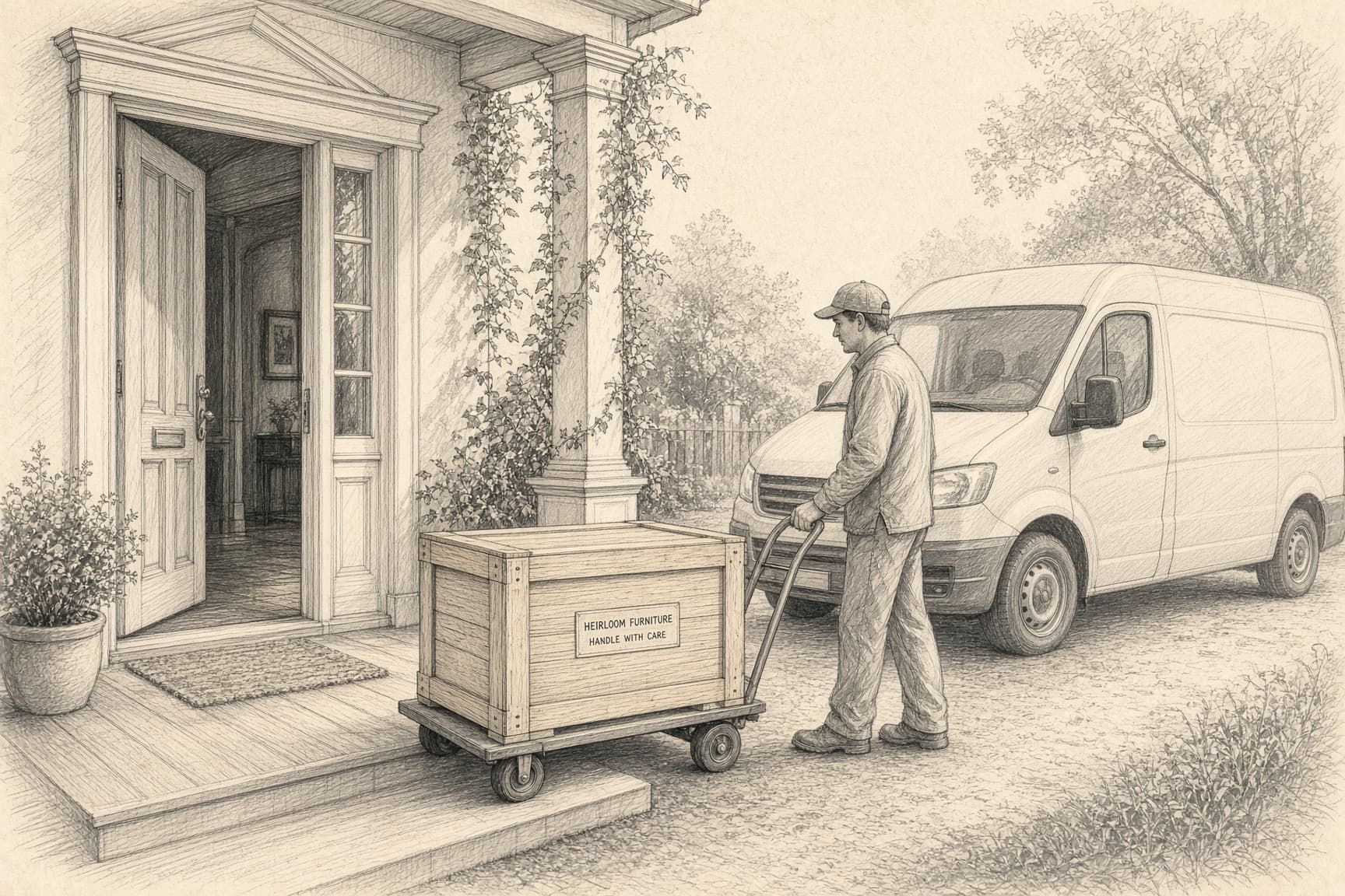 Sketch of furniture delivery arriving at a family home