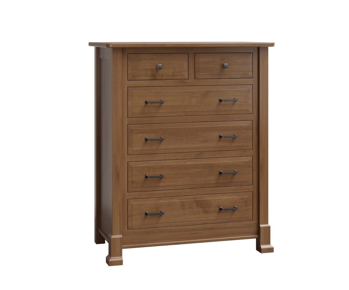 Old Town Oak Mackenzie chest with six drawers in brown maple, finished in a soft taupe-brown stain